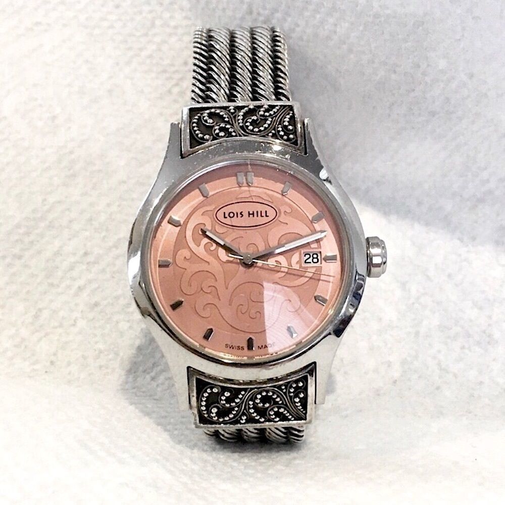 LOIS HILL Sterling Silver Pink Face Swiss Movement Watch RARE